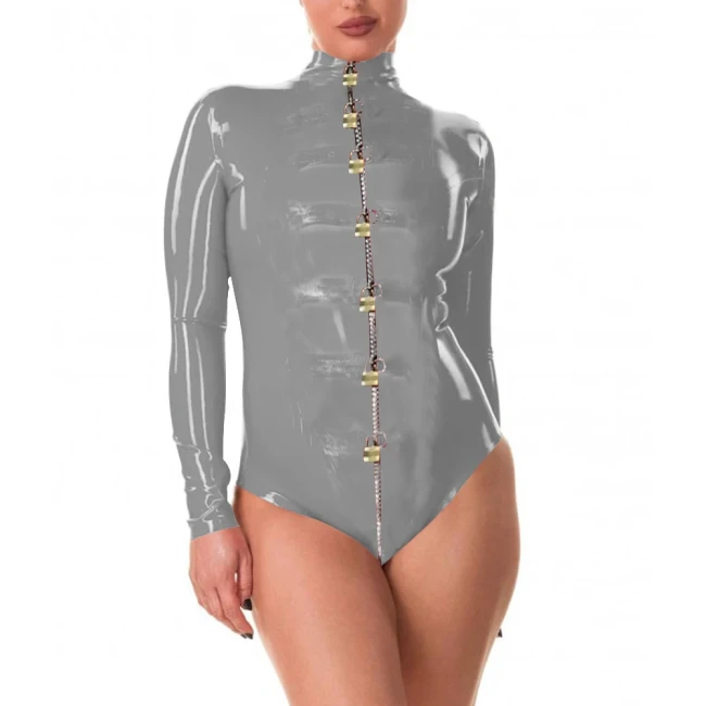 Exotic Lockable Bodysuit Front Zipper with Locks Sexy Bodysuit Lingerie Women's Long Sleeve Mock Neck Catsuits Pole Dance Wear