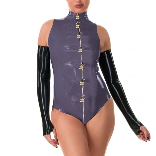 Women Exotic Lockable Catsuits Front Zipper with Locks Sleeveless Mock Neck Novelt Tight-fitting Bodysuits Ravely Party Appreal
