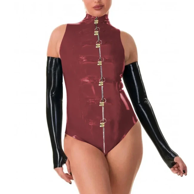 Women Exotic Lockable Catsuits Front Zipper with Locks Sleeveless Mock Neck Novelt Tight-fitting Bodysuits Ravely Party Appreal
