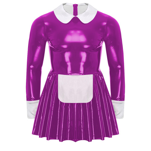 Shiny PVC Leather Sweet Maid Cosplay Costume A-line Pleated Mini Dress with Apron Long Sleeve Turn-down Collar French Maid Dress