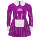 Shiny PVC Leather Sweet Maid Cosplay Costume A-line Pleated Mini Dress with Apron Long Sleeve Turn-down Collar French Maid Dress