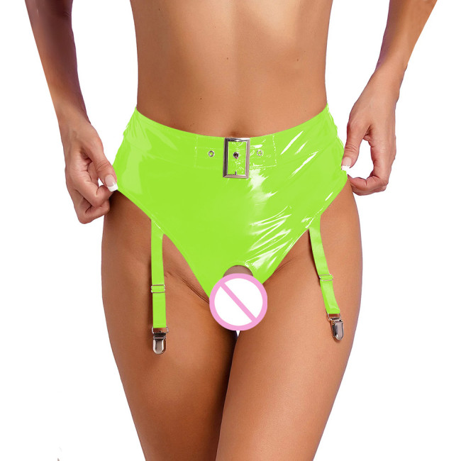 Womens Wetlook Erotic Panties with Garter Clips Exotic Lingerie Sissy High Waist Crochless Briefs Rave Dance Clubwear Underwear