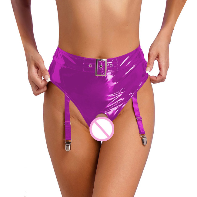 Womens Wetlook Erotic Panties with Garter Clips Exotic Lingerie Sissy High Waist Crochless Briefs Rave Dance Clubwear Underwear