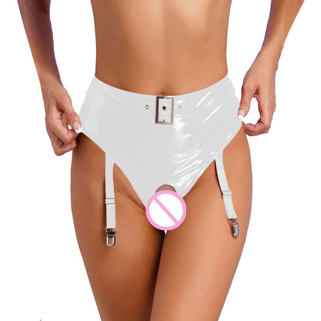 Womens Wetlook Erotic Panties with Garter Clips Exotic Lingerie Sissy High Waist Crochless Briefs Rave Dance Clubwear Underwear