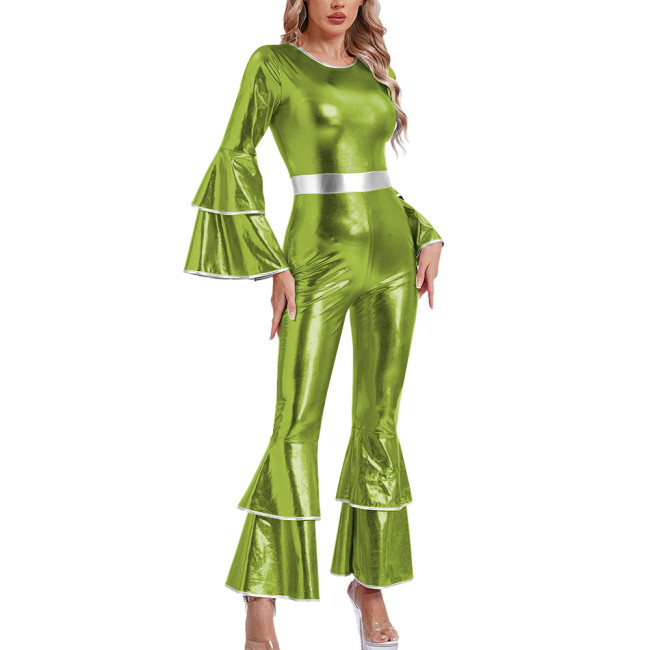 Womens Shiny Metallic Vintage Jumpsuit Tiered Flare Long Sleeve Bell Bottom Rompers  Disco Party Dance Outfits Holiday Cosplay