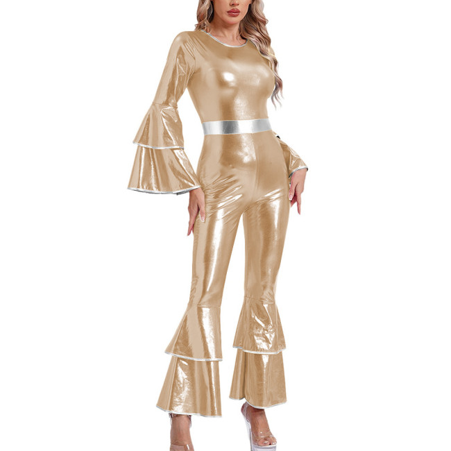 Womens Shiny Metallic Vintage Jumpsuit Tiered Flare Long Sleeve Bell Bottom Rompers  Disco Party Dance Outfits Holiday Cosplay