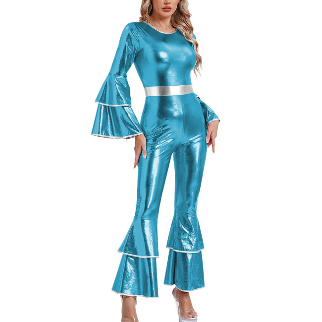Womens Shiny Metallic Vintage Jumpsuit Tiered Flare Long Sleeve Bell Bottom Rompers  Disco Party Dance Outfits Holiday Cosplay