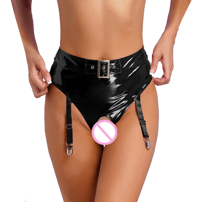 Womens Wetlook Erotic Panties with Garter Clips Exotic Lingerie Sissy High Waist Crochless Briefs Rave Dance Clubwear Underwear