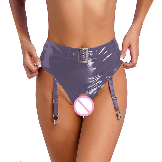 Womens Wetlook Erotic Panties with Garter Clips Exotic Lingerie Sissy High Waist Crochless Briefs Rave Dance Clubwear Underwear