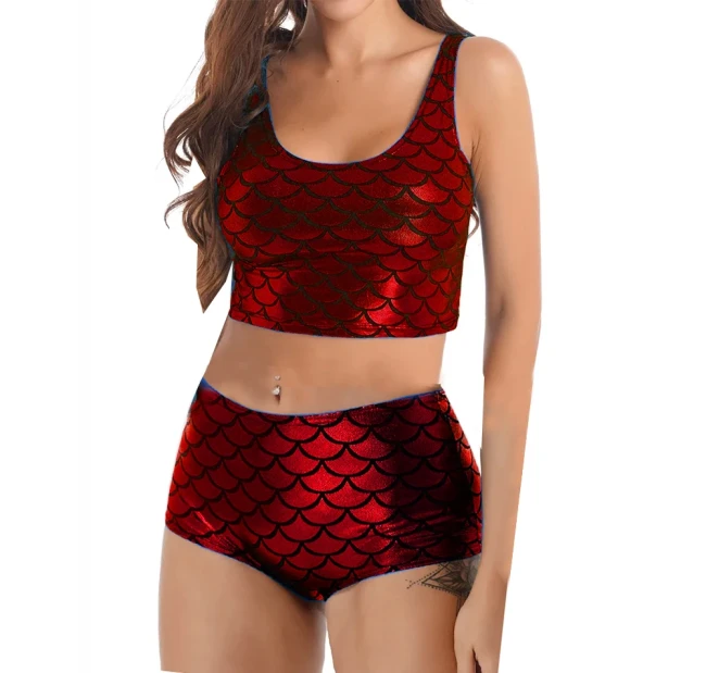 Womens Shiny Fish Scale Short Sets Rave Festival Party Mermaid Outfits Sexy Cropped Sleeveless Top with Booty Shorts Bikini Set