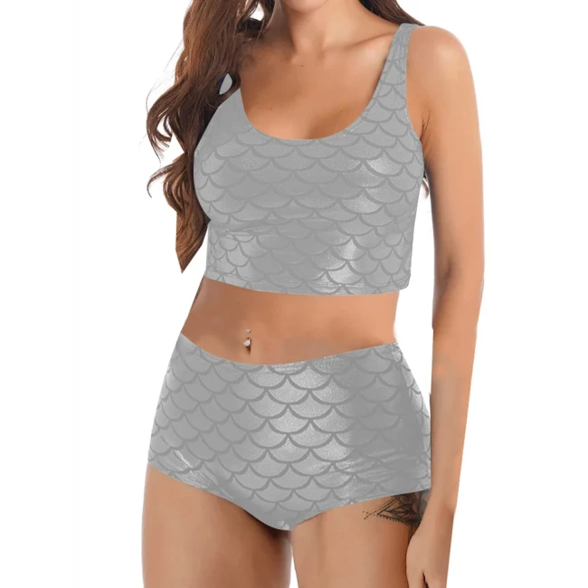 Womens Shiny Fish Scale Short Sets Rave Festival Party Mermaid Outfits Sexy Cropped Sleeveless Top with Booty Shorts Bikini Set
