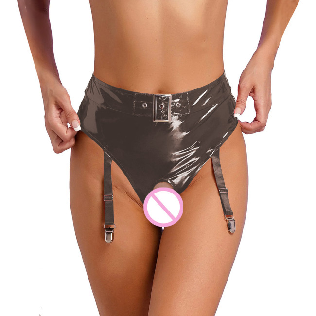 Womens Wetlook Erotic Panties with Garter Clips Exotic Lingerie Sissy High Waist Crochless Briefs Rave Dance Clubwear Underwear