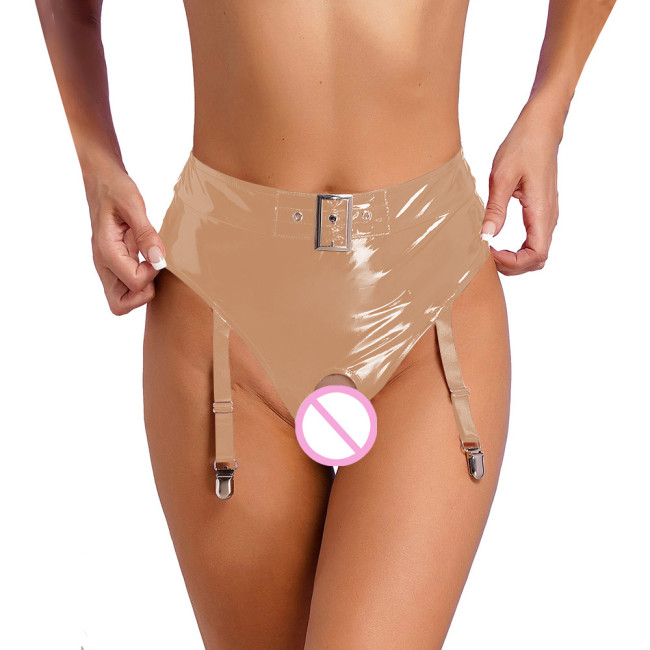 Womens Wetlook Erotic Panties with Garter Clips Exotic Lingerie Sissy High Waist Crochless Briefs Rave Dance Clubwear Underwear