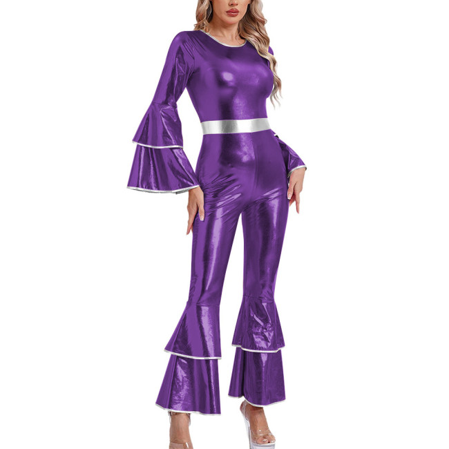 Womens Shiny Metallic Vintage Jumpsuit Tiered Flare Long Sleeve Bell Bottom Rompers  Disco Party Dance Outfits Holiday Cosplay