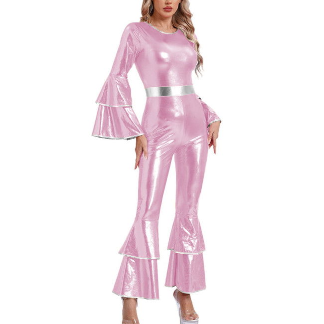 Womens Shiny Metallic Vintage Jumpsuit Tiered Flare Long Sleeve Bell Bottom Rompers  Disco Party Dance Outfits Holiday Cosplay