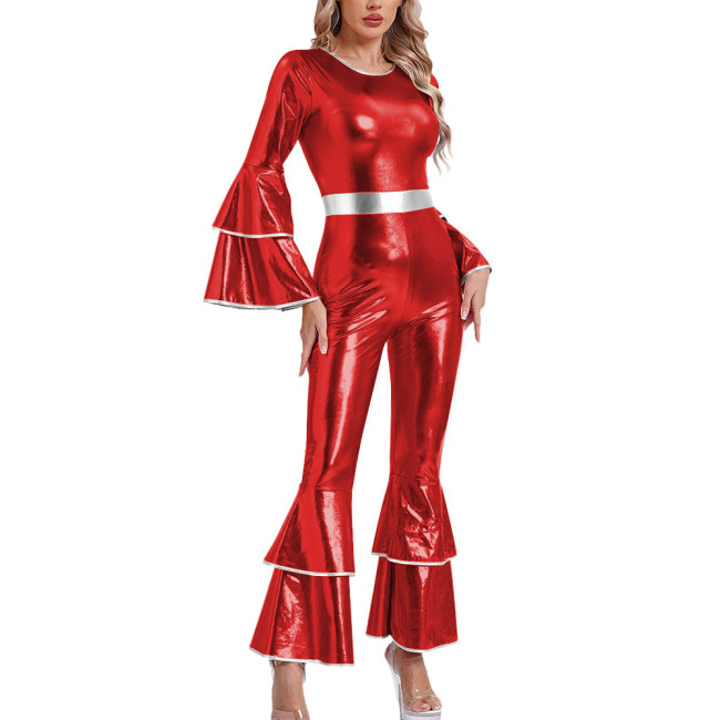 Womens Shiny Metallic Vintage Jumpsuit Tiered Flare Long Sleeve Bell Bottom Rompers  Disco Party Dance Outfits Holiday Cosplay