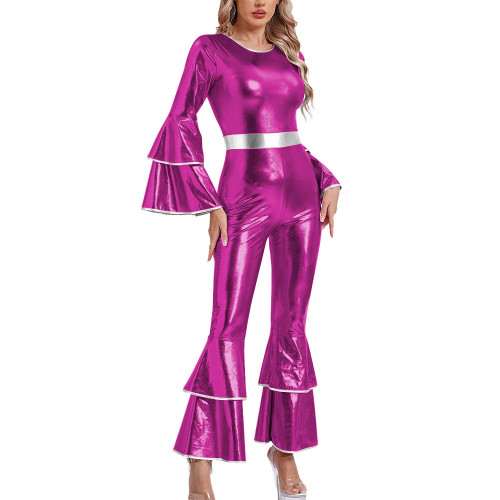 Womens Shiny Metallic Vintage Jumpsuit Tiered Flare Long Sleeve Bell Bottom Rompers  Disco Party Dance Outfits Holiday Cosplay
