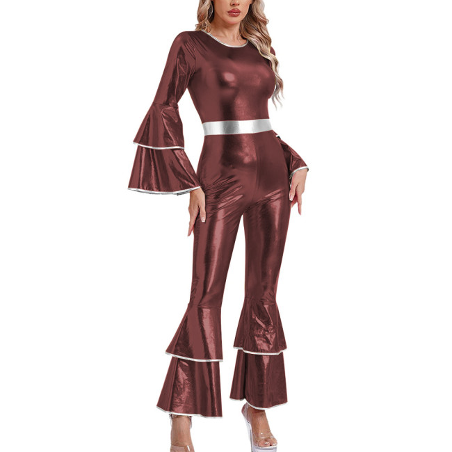 Womens Shiny Metallic Vintage Jumpsuit Tiered Flare Long Sleeve Bell Bottom Rompers  Disco Party Dance Outfits Holiday Cosplay