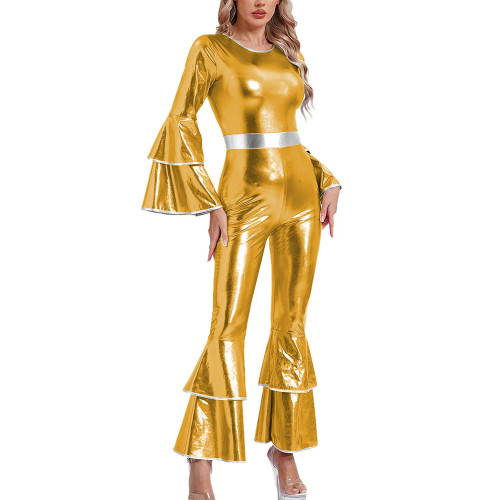 Womens Shiny Metallic Vintage Jumpsuit Tiered Flare Long Sleeve Bell Bottom Rompers  Disco Party Dance Outfits Holiday Cosplay