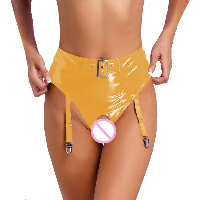 Womens Wetlook Erotic Panties with Garter Clips Exotic Lingerie Sissy High Waist Crochless Briefs Rave Dance Clubwear Underwear