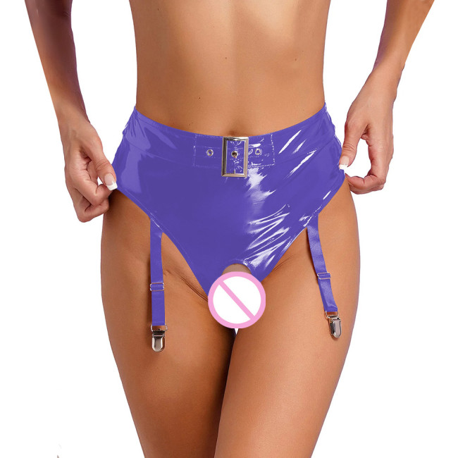 Womens Wetlook Erotic Panties with Garter Clips Exotic Lingerie Sissy High Waist Crochless Briefs Rave Dance Clubwear Underwear