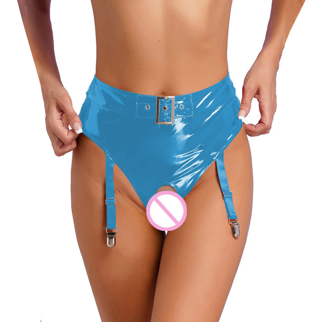 Womens Wetlook Erotic Panties with Garter Clips Exotic Lingerie Sissy High Waist Crochless Briefs Rave Dance Clubwear Underwear