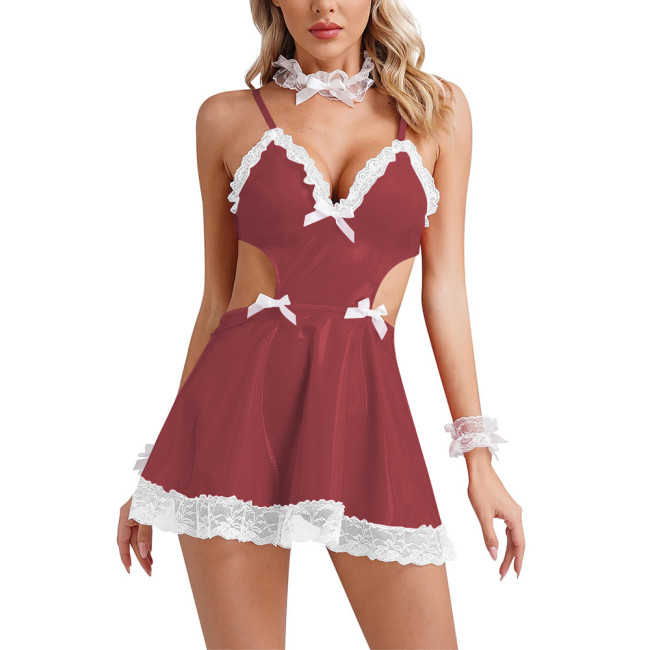 Sexy Hollow Maid Dress Outfits Wetlook PU Leather Lovely Role Play Costume Sissy Spaghetti Strap Pleated Dress with Choker Cuffs