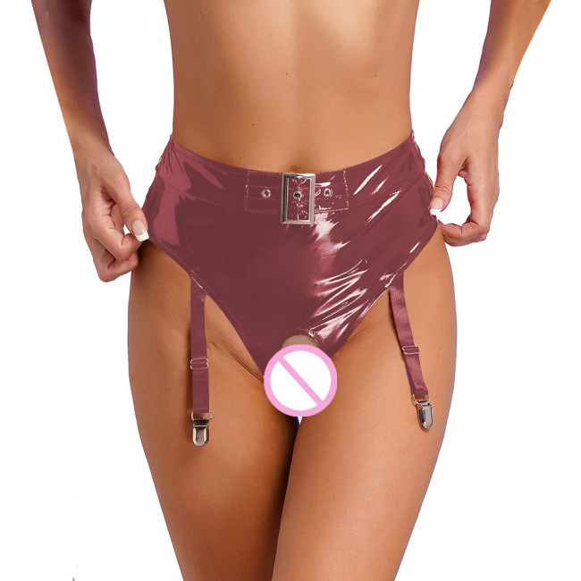 Womens Wetlook Erotic Panties with Garter Clips Exotic Lingerie Sissy High Waist Crochless Briefs Rave Dance Clubwear Underwear