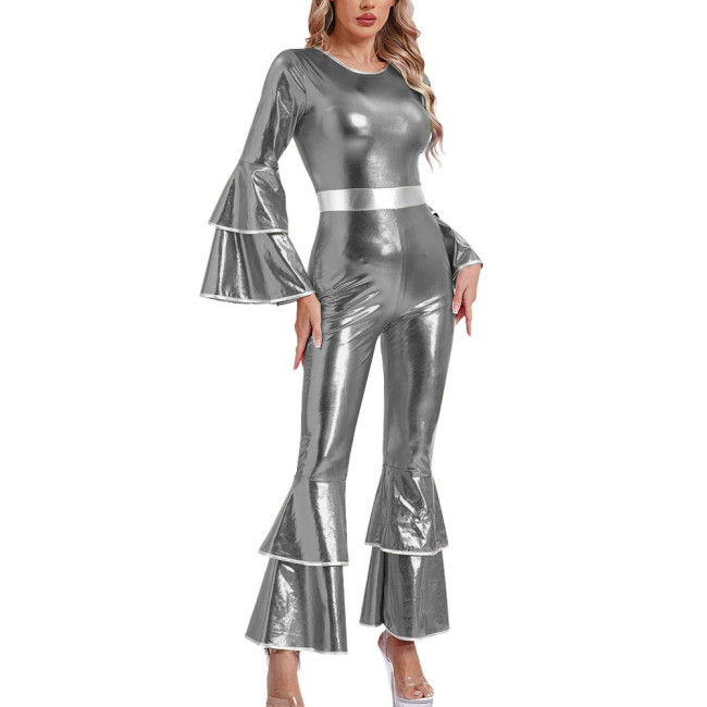 Womens Shiny Metallic Vintage Jumpsuit Tiered Flare Long Sleeve Bell Bottom Rompers  Disco Party Dance Outfits Holiday Cosplay