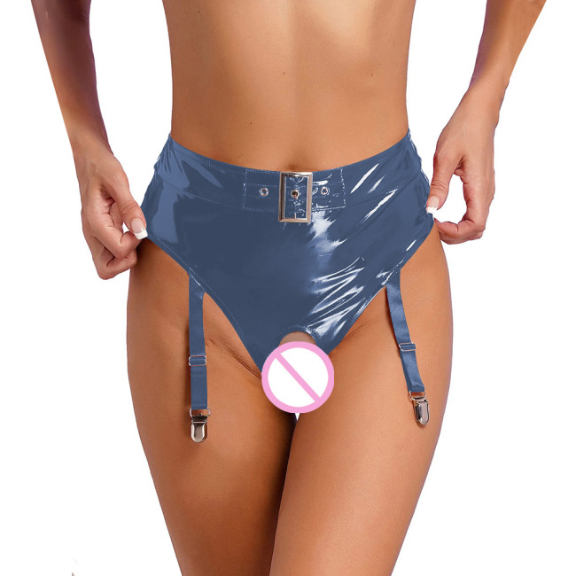 Womens Wetlook Erotic Panties with Garter Clips Exotic Lingerie Sissy High Waist Crochless Briefs Rave Dance Clubwear Underwear