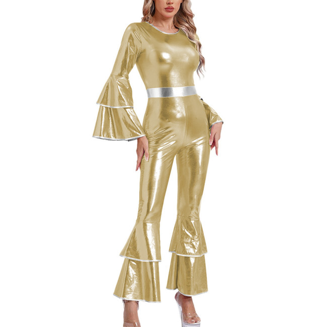 Womens Shiny Metallic Vintage Jumpsuit Tiered Flare Long Sleeve Bell Bottom Rompers  Disco Party Dance Outfits Holiday Cosplay