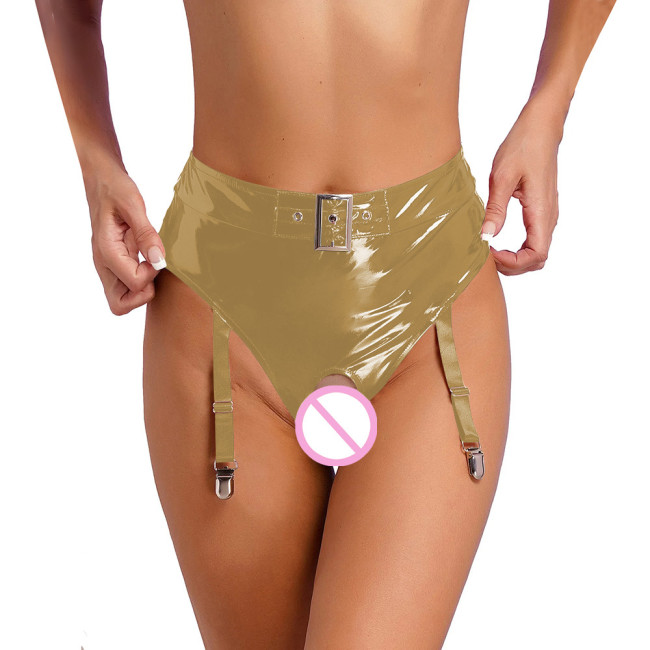 Womens Wetlook Erotic Panties with Garter Clips Exotic Lingerie Sissy High Waist Crochless Briefs Rave Dance Clubwear Underwear