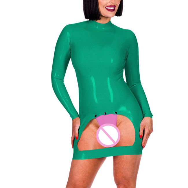 Long Sleeve Mock Neck Erotic Spanking Mini Dress Sexy Bottom Hollow Women Exotic Crotchless Skinny Dress Sexy Lingerie Fetish