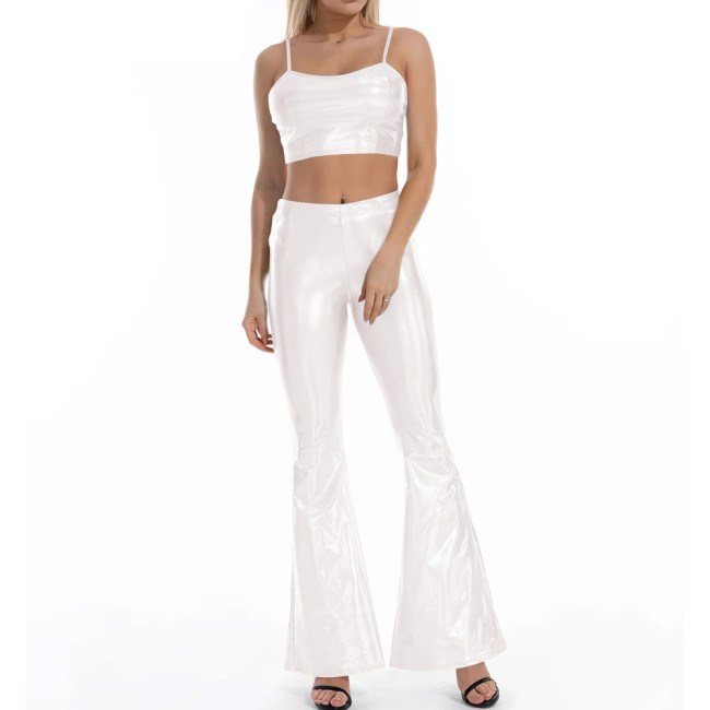 Women Flare Shiny Pant Sets Laser Metallic Wetlook Bell Bottoms with Cami Croped Top Club Outfits 2 Piece Set Rave Festival Wear