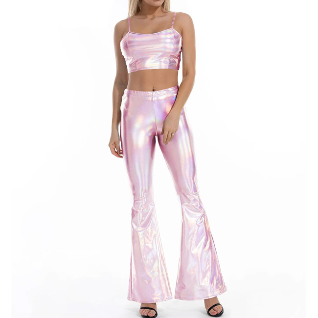 Women Flare Shiny Pant Sets Laser Metallic Wetlook Bell Bottoms with Cami Croped Top Club Outfits 2 Piece Set Rave Festival Wear