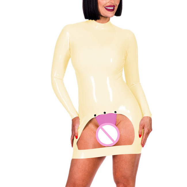 Long Sleeve Mock Neck Erotic Spanking Mini Dress Sexy Bottom Hollow Women Exotic Crotchless Skinny Dress Sexy Lingerie Fetish