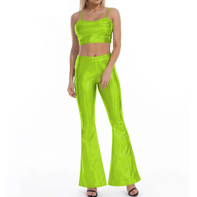 Women Flare Shiny Pant Sets Laser Metallic Wetlook Bell Bottoms with Cami Croped Top Club Outfits 2 Piece Set Rave Festival Wear