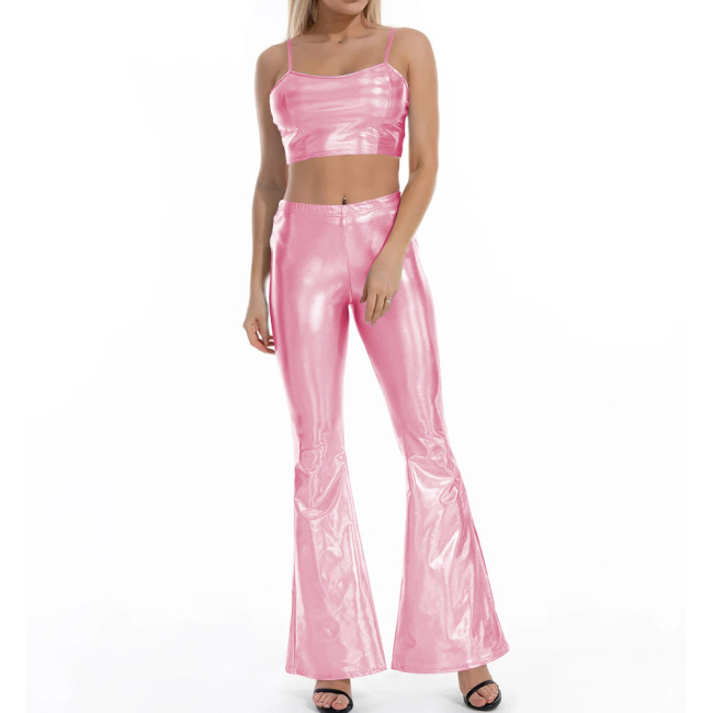 Women Flare Shiny Pant Sets Laser Metallic Wetlook Bell Bottoms with Cami Croped Top Club Outfits 2 Piece Set Rave Festival Wear