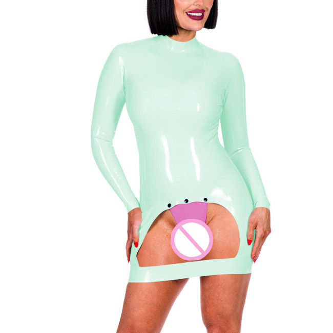 Long Sleeve Mock Neck Erotic Spanking Mini Dress Sexy Bottom Hollow Women Exotic Crotchless Skinny Dress Sexy Lingerie Fetish