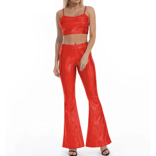 Women Flare Shiny Pant Sets Laser Metallic Wetlook Bell Bottoms with Cami Croped Top Club Outfits 2 Piece Set Rave Festival Wear