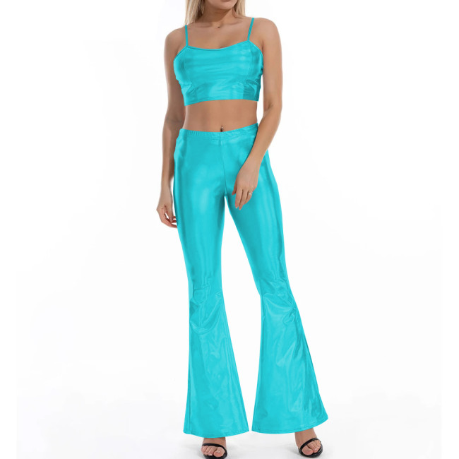 Women Flare Shiny Pant Sets Laser Metallic Wetlook Bell Bottoms with Cami Croped Top Club Outfits 2 Piece Set Rave Festival Wear