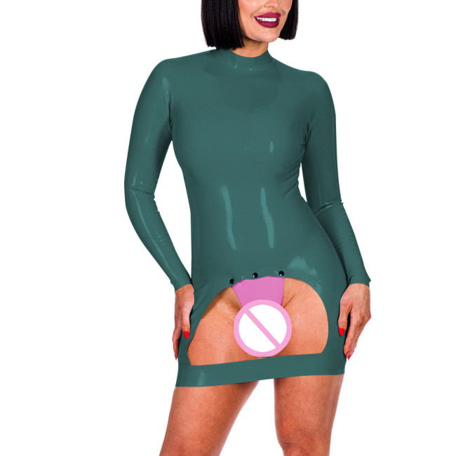 Long Sleeve Mock Neck Erotic Spanking Mini Dress Sexy Bottom Hollow Women Exotic Crotchless Skinny Dress Sexy Lingerie Fetish