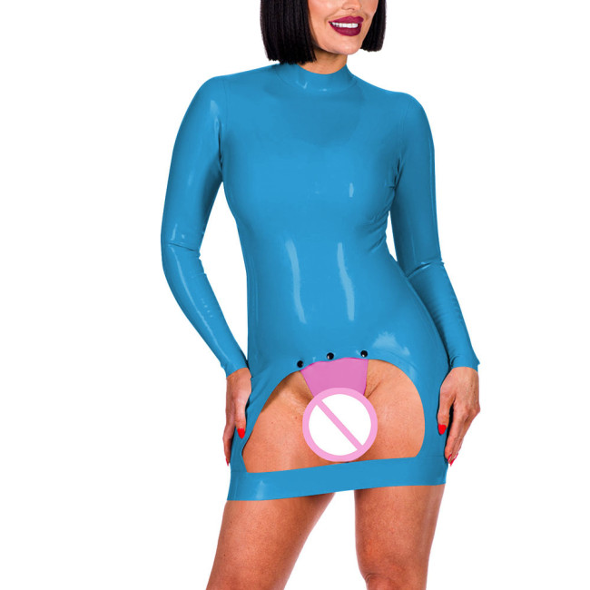 Long Sleeve Mock Neck Erotic Spanking Mini Dress Sexy Bottom Hollow Women Exotic Crotchless Skinny Dress Sexy Lingerie Fetish