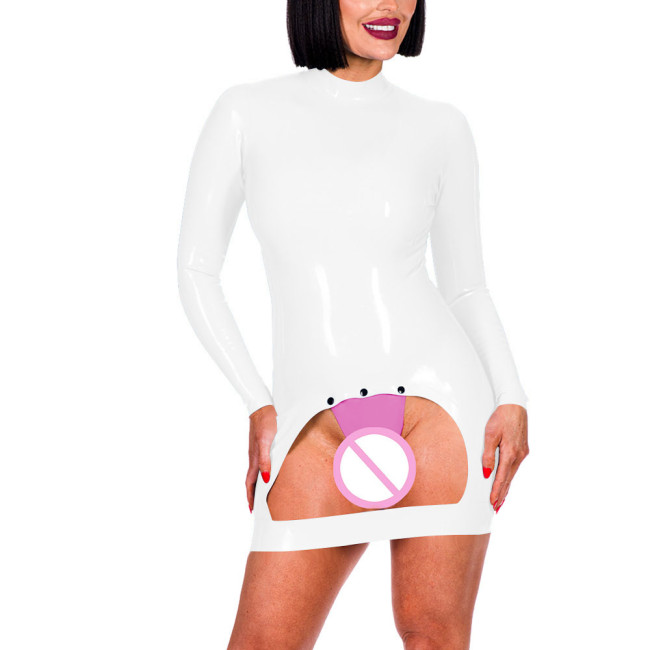 Long Sleeve Mock Neck Erotic Spanking Mini Dress Sexy Bottom Hollow Women Exotic Crotchless Skinny Dress Sexy Lingerie Fetish
