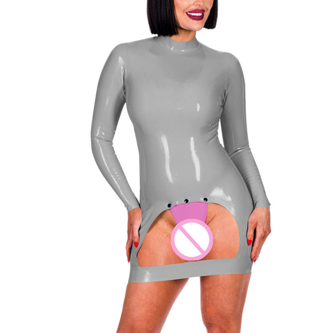 Long Sleeve Mock Neck Erotic Spanking Mini Dress Sexy Bottom Hollow Women Exotic Crotchless Skinny Dress Sexy Lingerie Fetish