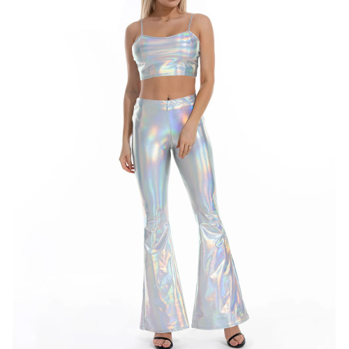 Women Flare Shiny Pant Sets Laser Metallic Wetlook Bell Bottoms with Cami Croped Top Club Outfits 2 Piece Set Rave Festival Wear