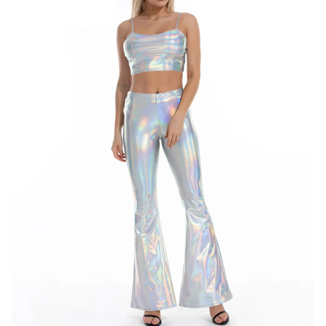 Women Flare Shiny Pant Sets Laser Metallic Wetlook Bell Bottoms with Cami Croped Top Club Outfits 2 Piece Set Rave Festival Wear