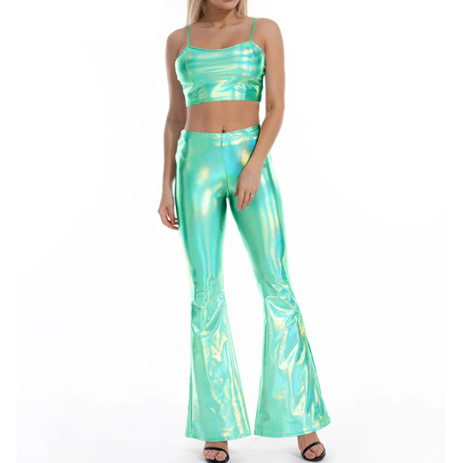 Women Flare Shiny Pant Sets Laser Metallic Wetlook Bell Bottoms with Cami Croped Top Club Outfits 2 Piece Set Rave Festival Wear
