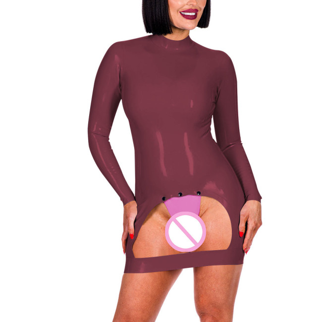 Long Sleeve Mock Neck Erotic Spanking Mini Dress Sexy Bottom Hollow Women Exotic Crotchless Skinny Dress Sexy Lingerie Fetish