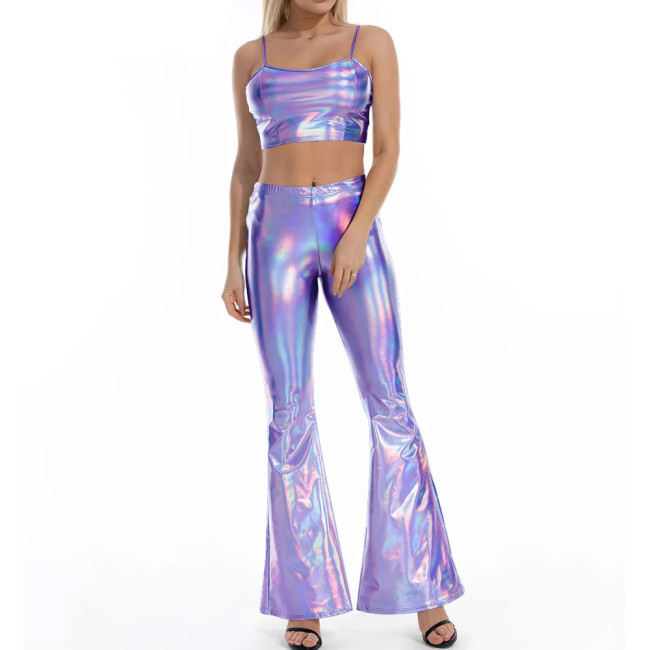 Women Flare Shiny Pant Sets Laser Metallic Wetlook Bell Bottoms with Cami Croped Top Club Outfits 2 Piece Set Rave Festival Wear